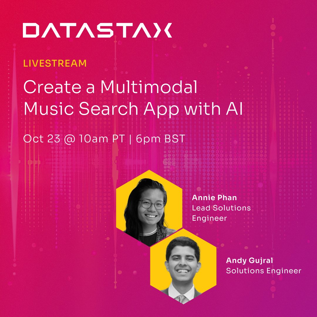 SonicDMG's tweet image. This is a really fun demo! 🎶🔎  

Discover how DataStax engineers built Vibe Check — a multimodal AI music search application that seamlessly integrates with Spotify.   

Join the livestream on October 23: 
ow.ly/57XC50TNFGN

#DataStax #AIApplications #GenAI #MultiModal