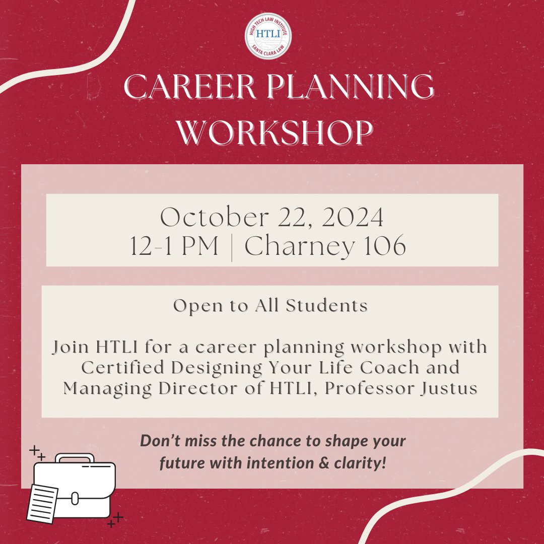 Students, come join the High Tech Law Institute for the “Design Your Legal Life” career planning workshop, led by Professor Justus. 🌟

📆 Tuesday, October 22
🕓 12 - 1 PM
📌 Charney 106

Open to all students🚀

#SCUHTLI #SCULaw #CareerWorkshop