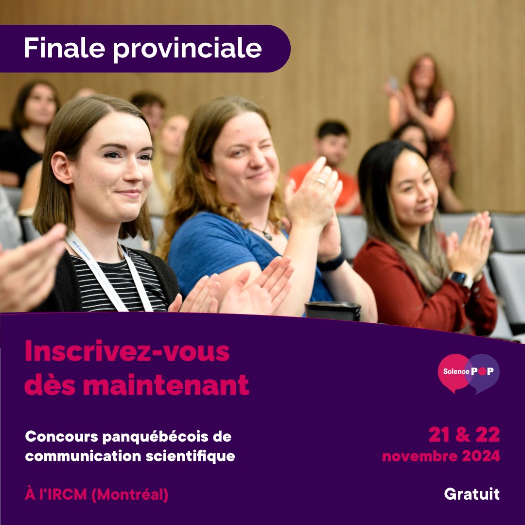 ircm_mtl's tweet photo. Rejoignez-nous les 21&amp;22 novembre pour découvrir les 24 finalistes du concours #sciencepop lors de la grande finale provinciale à l’IRCM! Ne manquez pas cette occasion unique d’assister à des présentations captivantes. 
Événement #gratuit sur inscription: https://t.co/Pwb97YUeXh https://t.co/LOkjEn51Wq