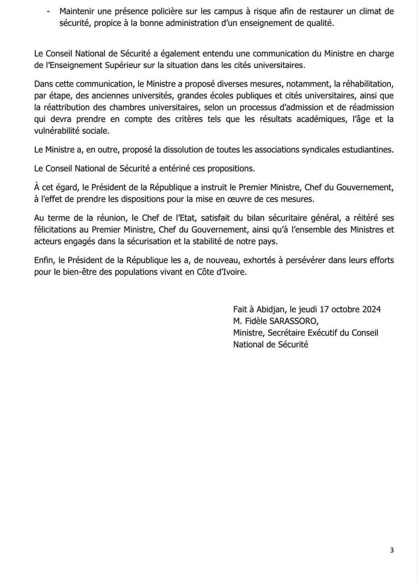 aboubacarybarma's tweet photo. #CotedIvoire #FESCI
#Dissolution par les autorités de toutes les #associations #syndicales #estudiantines dont la puissante #FESCI.(Conseil national de #Sécurité)
#Universités #CNS #RCI225 https://t.co/Dof8DE0Thb