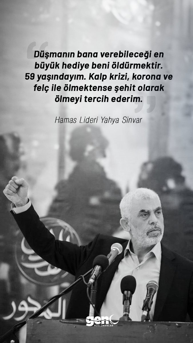 gencmus's tweet photo. "Düşmanın bana verebileceği en büyük hediye beni öldürmektir."

#YahyaSinwar https://t.co/Qr1XLrSvHk