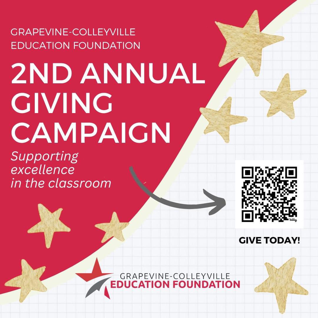 Grapevine-Colleyville Education Foundation (@gcedfoundation) on Twitter photo 🌟 Join Us for the <a href="/GCEdFoundation/">Grapevine-Colleyville Education Foundation</a> 2nd Annual Giving Campaign! 🌟
We’re raising funds to support our <a href="/GCISD/">Grapevine-Colleyville ISD</a> teachers & students. 🍎
Every $ donated stays in GCISD, making a difference where it matters most. 💯
To learn more & contribute:
gcedfoundation.org/annualcampaign/ 🌟 Join Us for the <a href="/GCEdFoundation/">Grapevine-Colleyville Education Foundation</a> 2nd Annual Giving Campaign! 🌟
We’re raising funds to support our <a href="/GCISD/">Grapevine-Colleyville ISD</a> teachers & students. 🍎
Every $ donated stays in GCISD, making a difference where it matters most. 💯
To learn more & contribute:
gcedfoundation.org/annualcampaign/