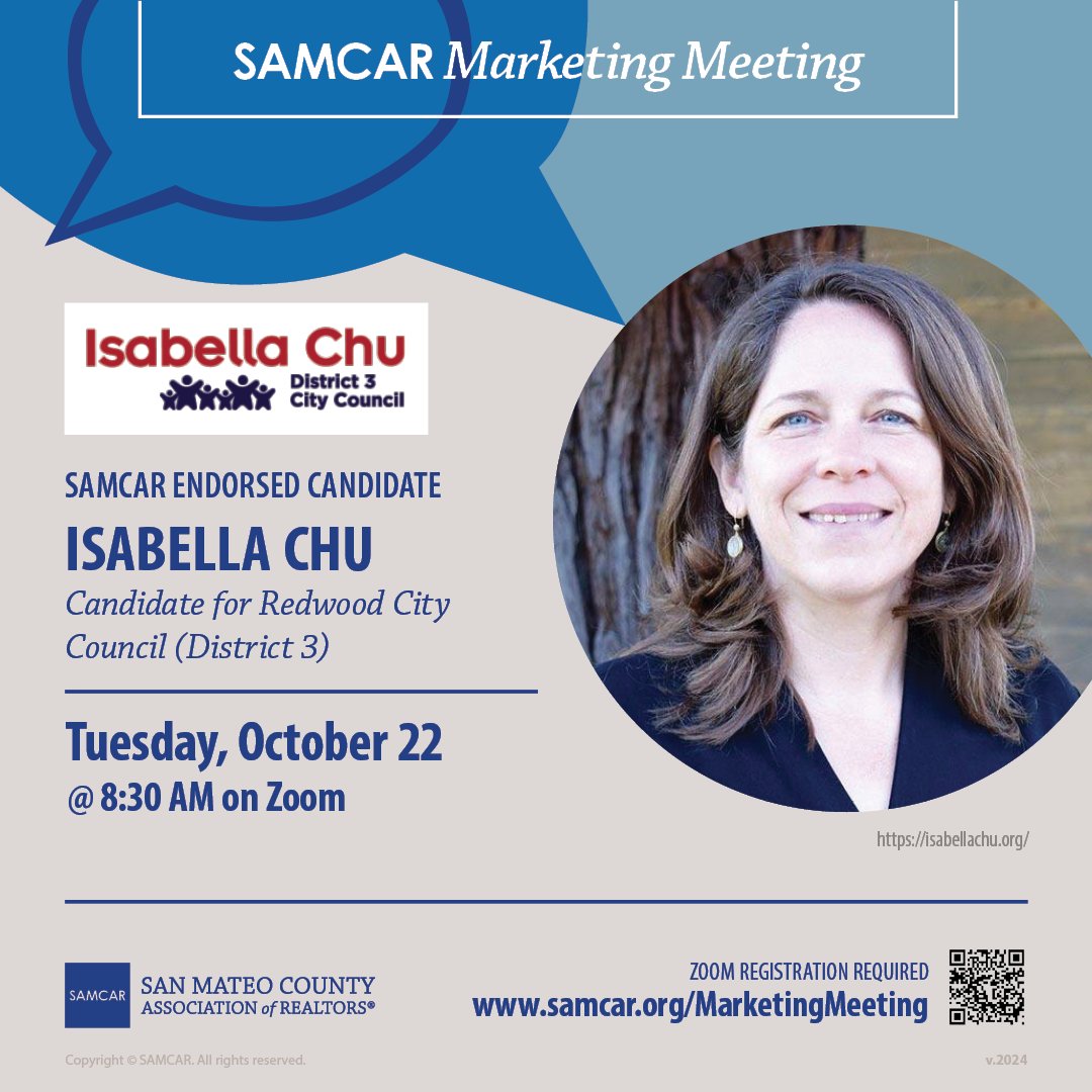 📅 Tuesday, October 22 @ 8:30 AM on Zoom — join us for a presentation from SAMCAR-Endorsed Candidate Isabella Chu <a href="/isabellachurwc/">Isabella Chu</a> candidate for Redwood City Council (District 3) ℹ samcar.org/marketingmeeti…