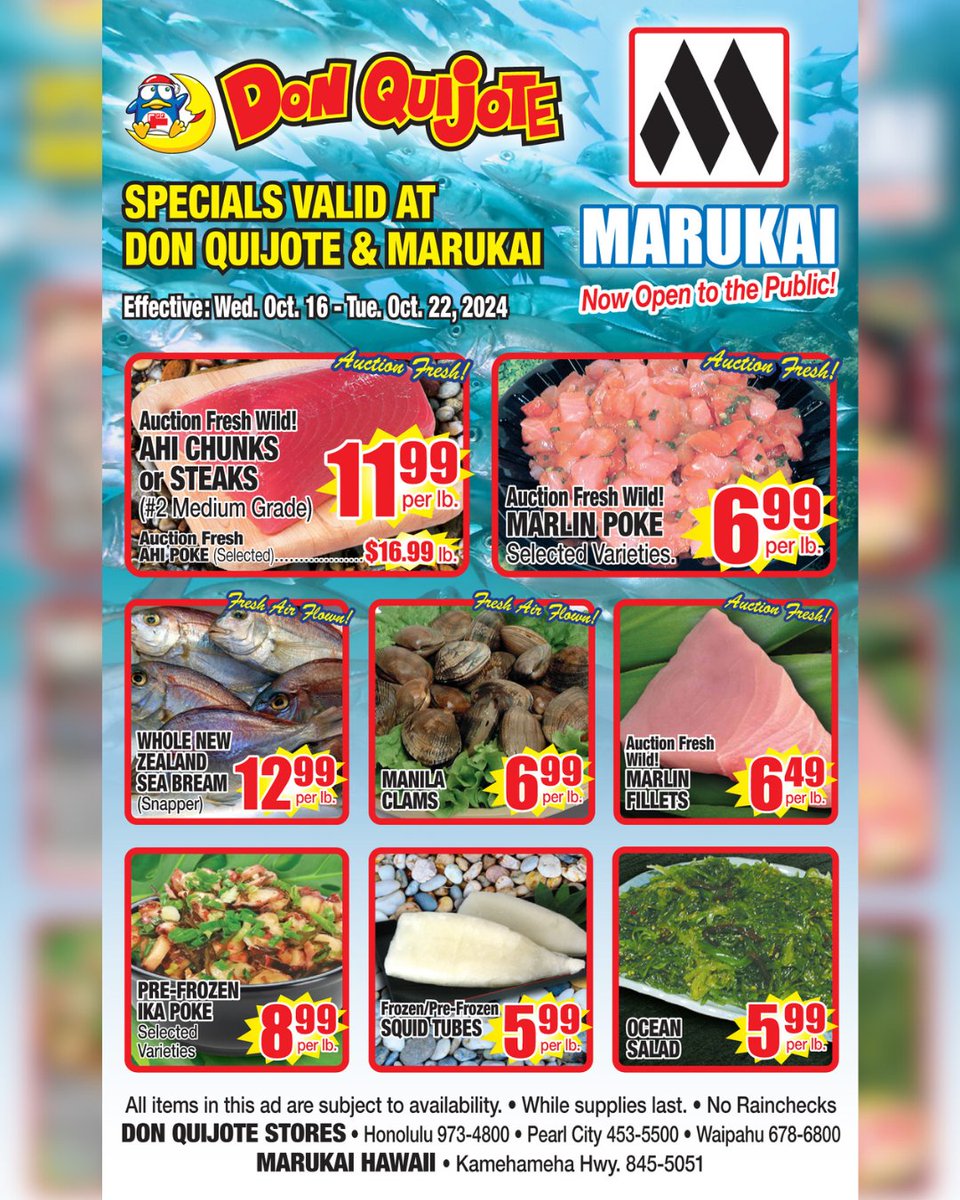 Catch these seafood deals before they swim away! 🐟 Dive into marlin poke, marlin fillets, Manila clams, and more—all at fin-tastic prices, now through Tuesday, October 22. #marukaihawaii #hawaii #specials #weeklyad