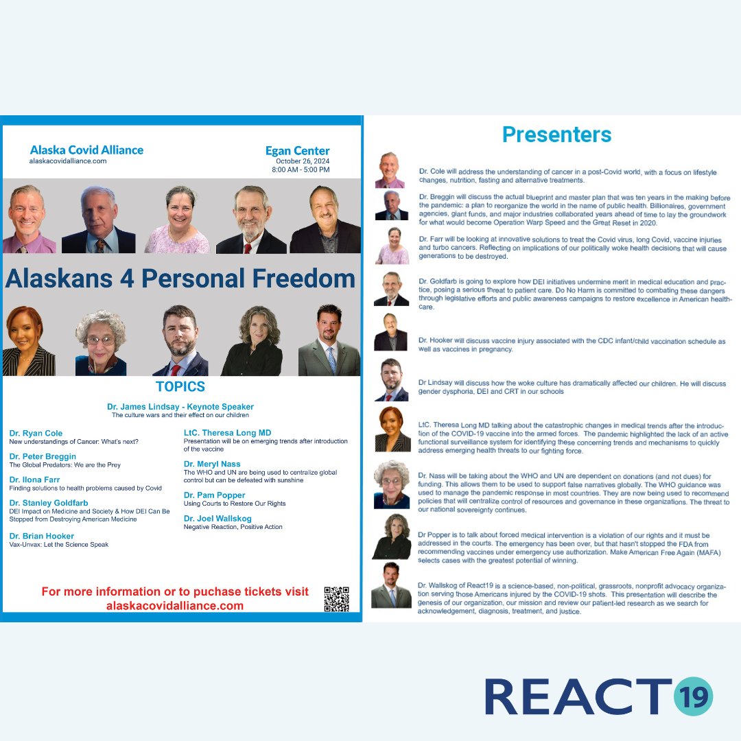 Upcoming event: Alaskans 4 Personal Freedom

On October 26th, there will be an event with several guest speakers talking about the post-covid world. React19 Co-Chair, Dr. Joel Wallskog, will speak specifically on React19 advocacy work and provide an update on our latest survey.