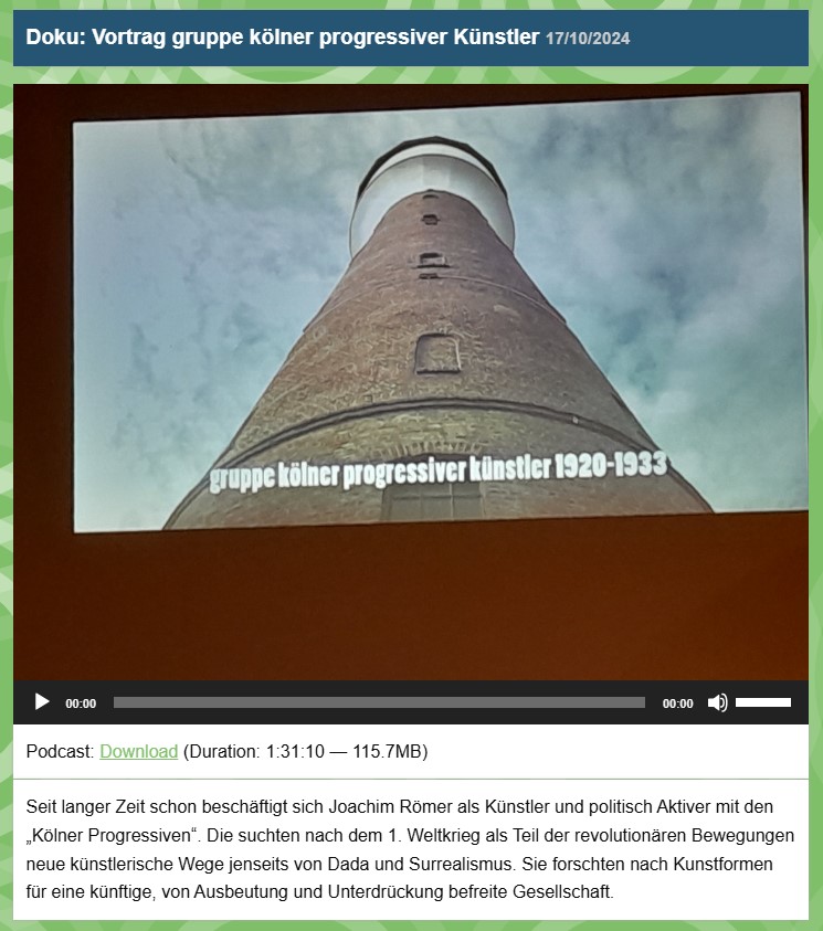 Neu bei #radionordpol Vortrag von Joachim Römer zur gruppe kölner progressiver Künstler in den 20er. Es geht Umsganze: Kunst, Revolution, Anarchismus, Linkskommunismus und die Zerschlagung der Gruppe durch den NS-Faschismus. #Koeln 
radio.nrdpl.org/2024/10/17/dok… Reinhören!