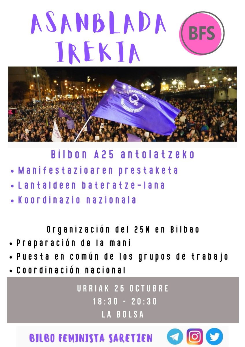 BilboFeminista's tweet photo. Bilbon hurrengo Azaroaren 25a antolatzeko lanekin aurrera goaz! Manifestazioa sekulakoa izan dadin feministon arteko antolaketa ezinbestekoa da: Zatozte beraz hurrengo asanblada irekira!
Seguimos organizando el 25N en Bilbo! Acercaos a la asamblea abierta del próximo viernes! https://t.co/AX7Spnf4Ql