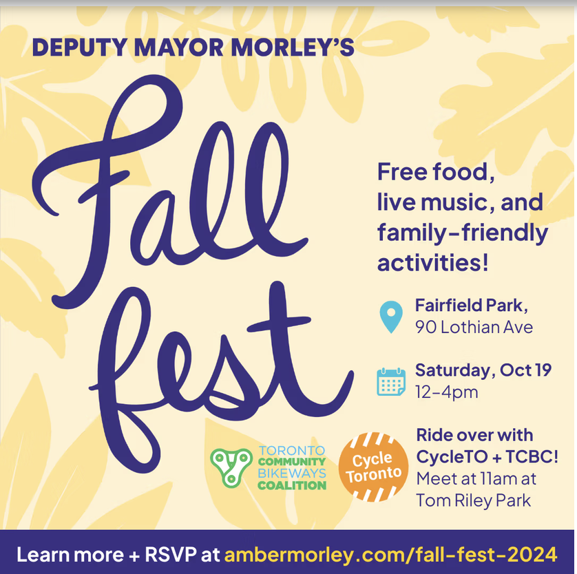 BikewaysTO's tweet photo. SAT, Oct 19, 11am (depart 11:30)    

START: Tom Reilly Park (on Bloor St West near Royal York)    

Community Bikeways + @CycleTO are co-hosting a 5km, family-friendly ride to ...     

Deputy Mayor @cllrambermorley Fall Fest 2024 #biketo https://t.co/8HAmBZYtoL