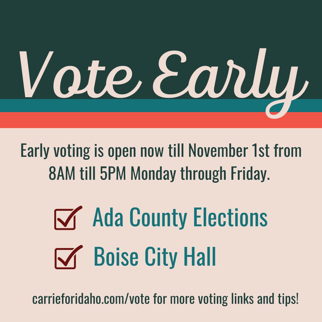Early voting is now open! Make your way down to Boise City Hall or the Ada County Elections office by the DMV to cast your vote. 

📢 Boise State Students: the Mobile Voting Unit will be on campus at the SUB Wednesday and Thursday of next week from 10 till 5.