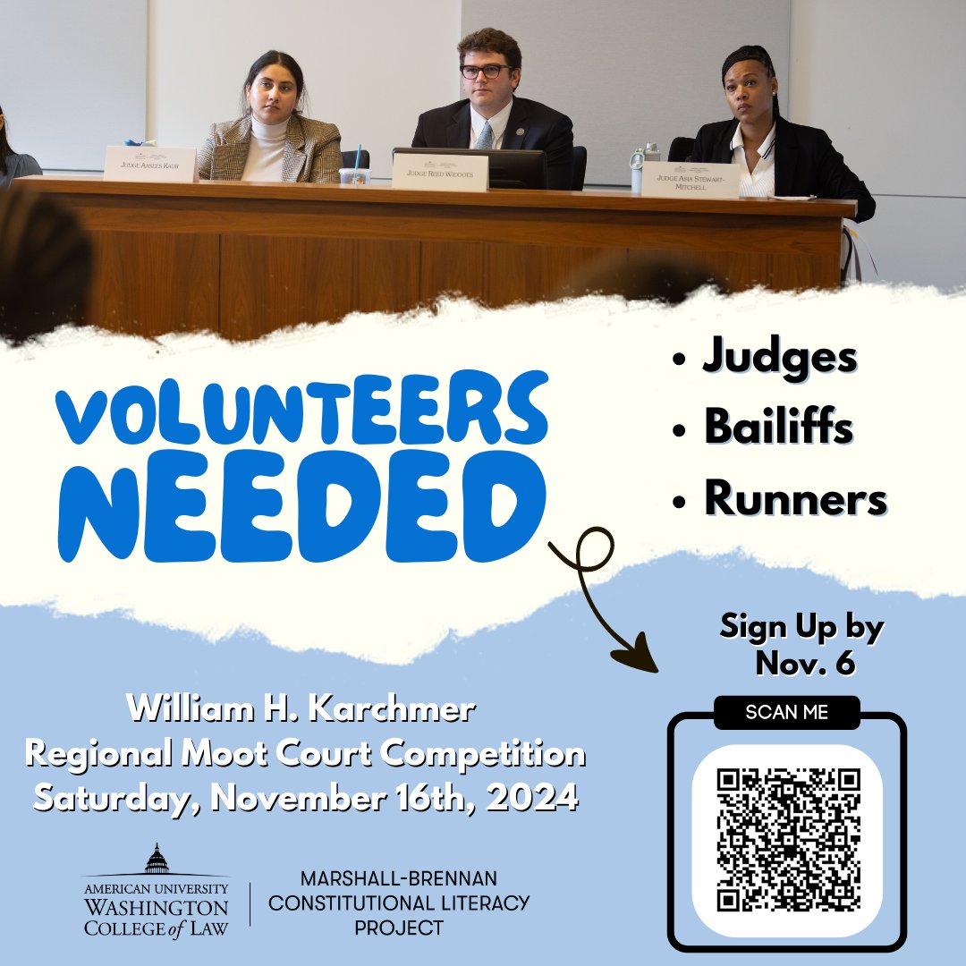 Support the Marshall-Brennan Constitutional Literacy Project and our scholars by volunteering at this year's William H. Karchmer Regional Moot Court Competition on Saturday, November 16, from 8:30 AM to 4 PM. Click the link to sign up by November 6th: forms.office.com/r/yhuVAMSZmk