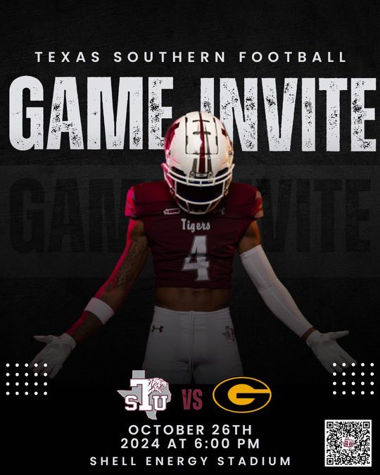 TSUFootball's tweet photo. 🗓️: TSU vs Grambling State
⌚️: 6:00 PM
📍: Shell Energy Stadium

RECRUITS: Sign-Up w/ QR Code

Deadline: Thursday (10/24/24) at 12 pm

Note: You will receive an email if your request is approved!

#WeAreTexasSouthern
#TheSauceU
#TheHeartOfTheTre
#DishDid
#TexasSouthernFootball https://t.co/mLb9qWcpd4