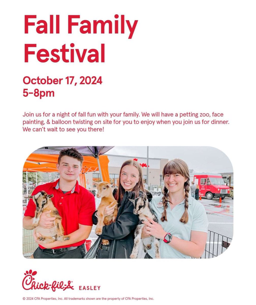 Tonight is the night of our Fall Family Festival!!! We can’t wait to see you at Chick-fil-A of Easley