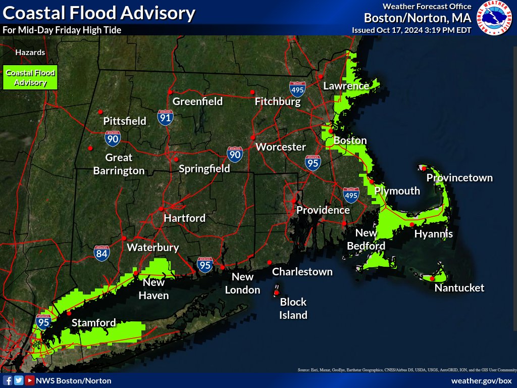 Very high astronomical tides are occurring and with northeast winds creating a small surge, the combination will result in minor flooding around the time of high tide mid-day Friday for east coastal areas &amp; Cape &amp; Islands.