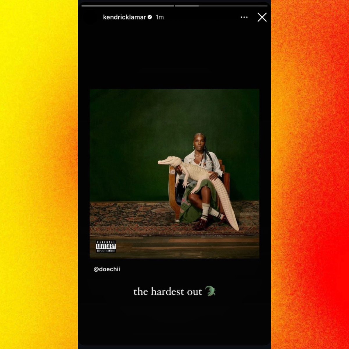 PopCrave's tweet photo. Kendrick Lamar co-signs Doechii & her latest album, โAlligator Bites Never Healโ in latest Instagram story:
โthe hardest out ๐โ https://t.co/gw2wCJm9ld
