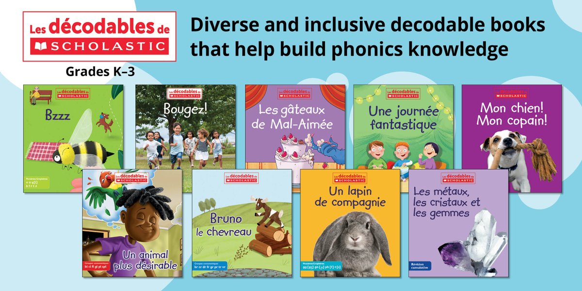 ScholasticEdCda's tweet photo. Les décodables de Scholastic is a series of bright, contemporary, and inclusive fiction and non-fiction decodable books for grades K-3. All 80 titles are now available! Learn more here: https://t.co/OngxsCHpW1 https://t.co/Z1ekulYbmJ