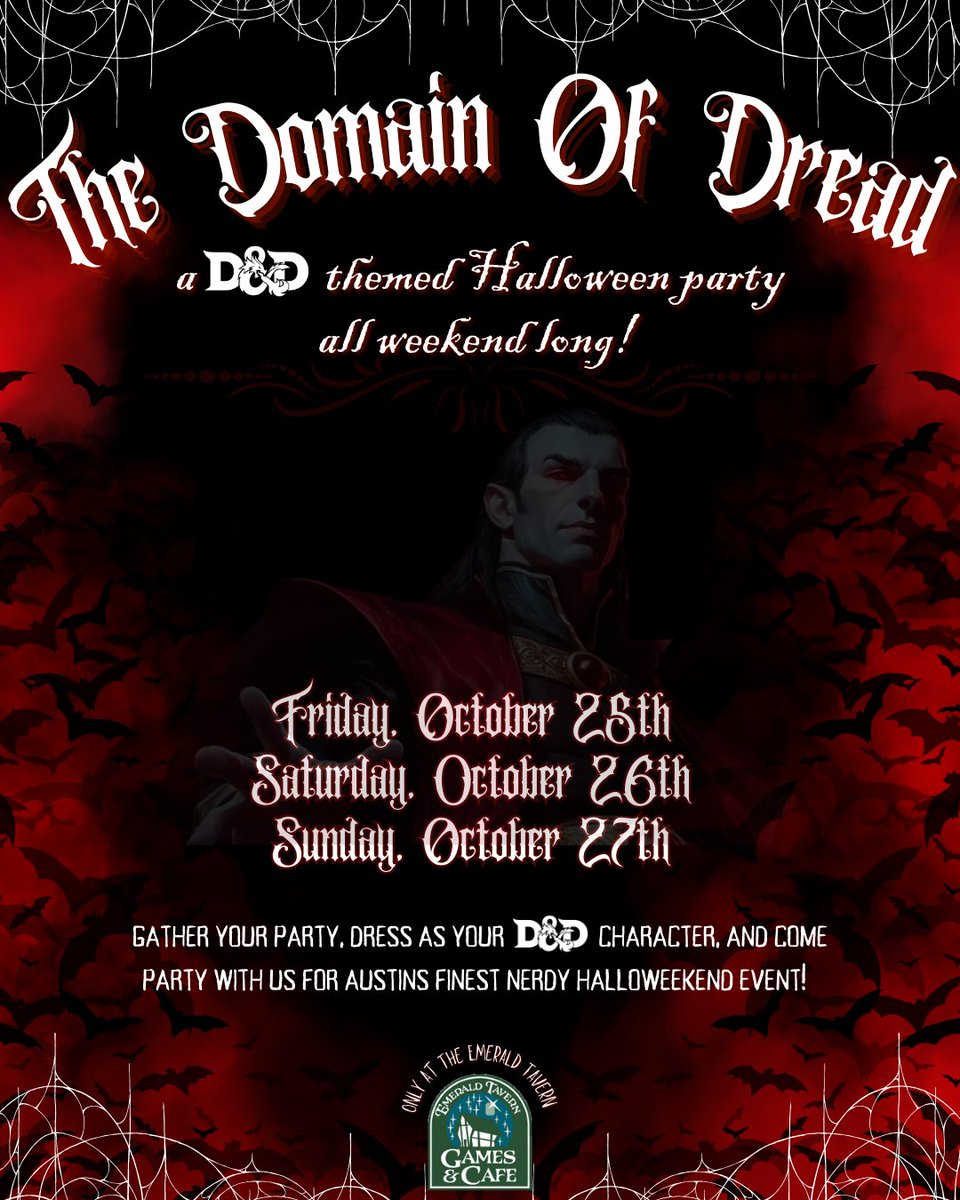 EmeraldTavern's tweet photo. Emerald Tavern Halloweekend party announcement! 

Join us on 10/25-10/27 for "The Domain of Dread" a D&amp;D themed Halloween party! 
check out our website for more information.

https://t.co/2tyeh6LfpP

 #atx #austintexas #austintx #austinsmallbusiness #austinhalloween https://t.co/WvHSjNru3W