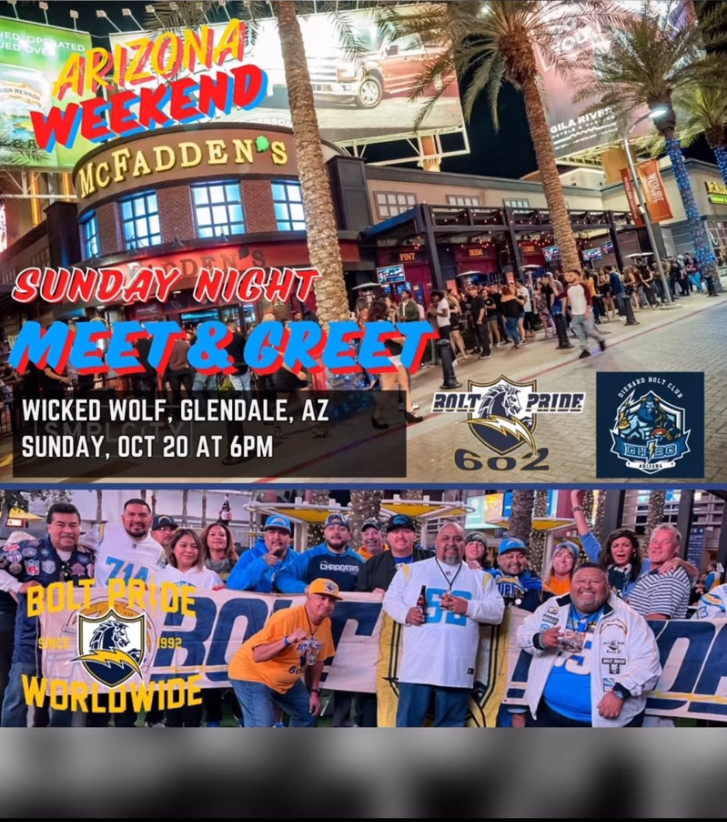 dhbcaz's tweet photo. Arizona week is finally here! For everyone asking here is the weekend slate and game day info! #BoltUp #dhbc @diehardboltclub #boltpride #chargersdolls https://t.co/Wm9qKQexxU