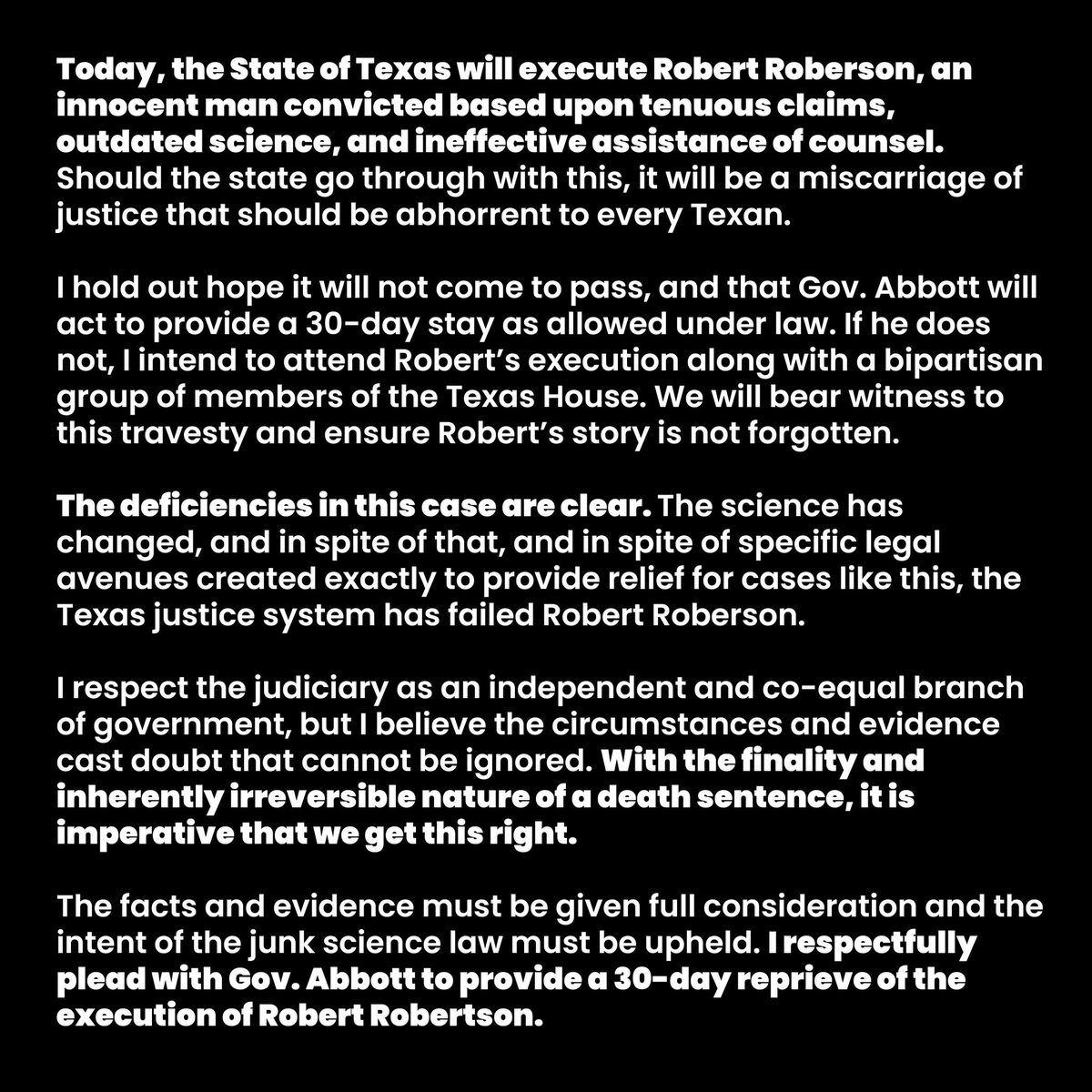 BucyForTexas's tweet photo. At 6PM, the State of Texas will execute an innocent man if Greg Abbott doesn’t act.

If he doesn't, I will attend Robert Roberson’s execution with a bipartisan group of lawmakers.

We will witness this travesty and ensure Robert’s story is never forgotten.

@GovAbbott: Act now. https://t.co/q4R0xZQidx