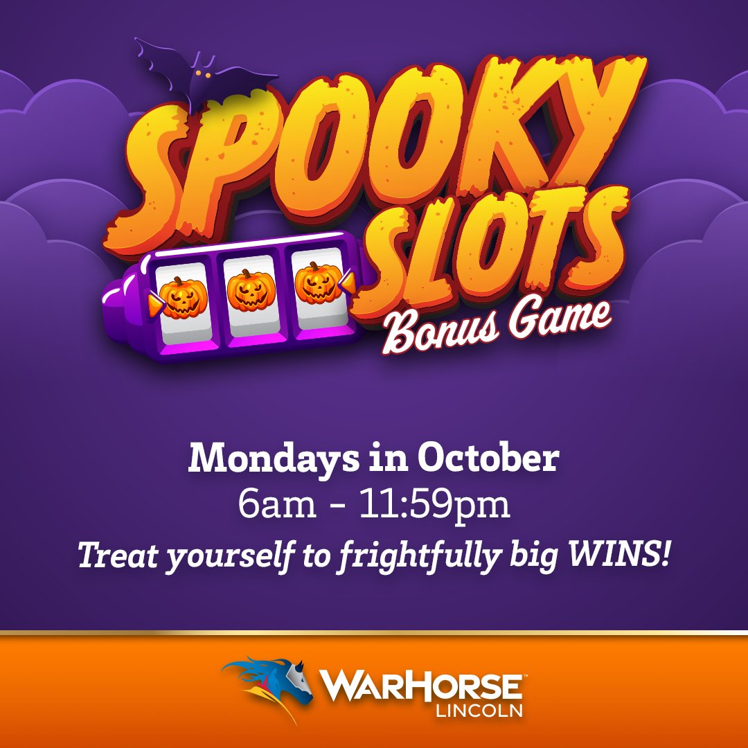 WarHorseLincoln's tweet image. Trick or Treat! Its time for spooky big wins! 🎃

Every Monday in October – earn 100 Rewards Points and activate your Free Spooky Slot Play bonus automatically!

#WarHorseLincoln #SpookySlots