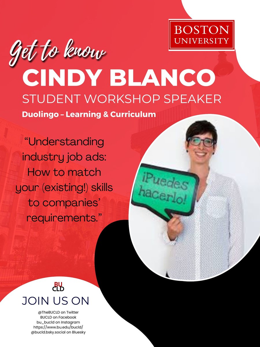 TheBUCLD's tweet image. Meet Dr. Cindy Blanco at #BUCLD49: “Understanding industry job ads: How to match your (existing!) skills to companies’ requirements”.
sites.google.com/site/cynthiapb…

#LanguageLearning
#Duolingo
#BULinguistics
#BUCLD
#CindyBlanco