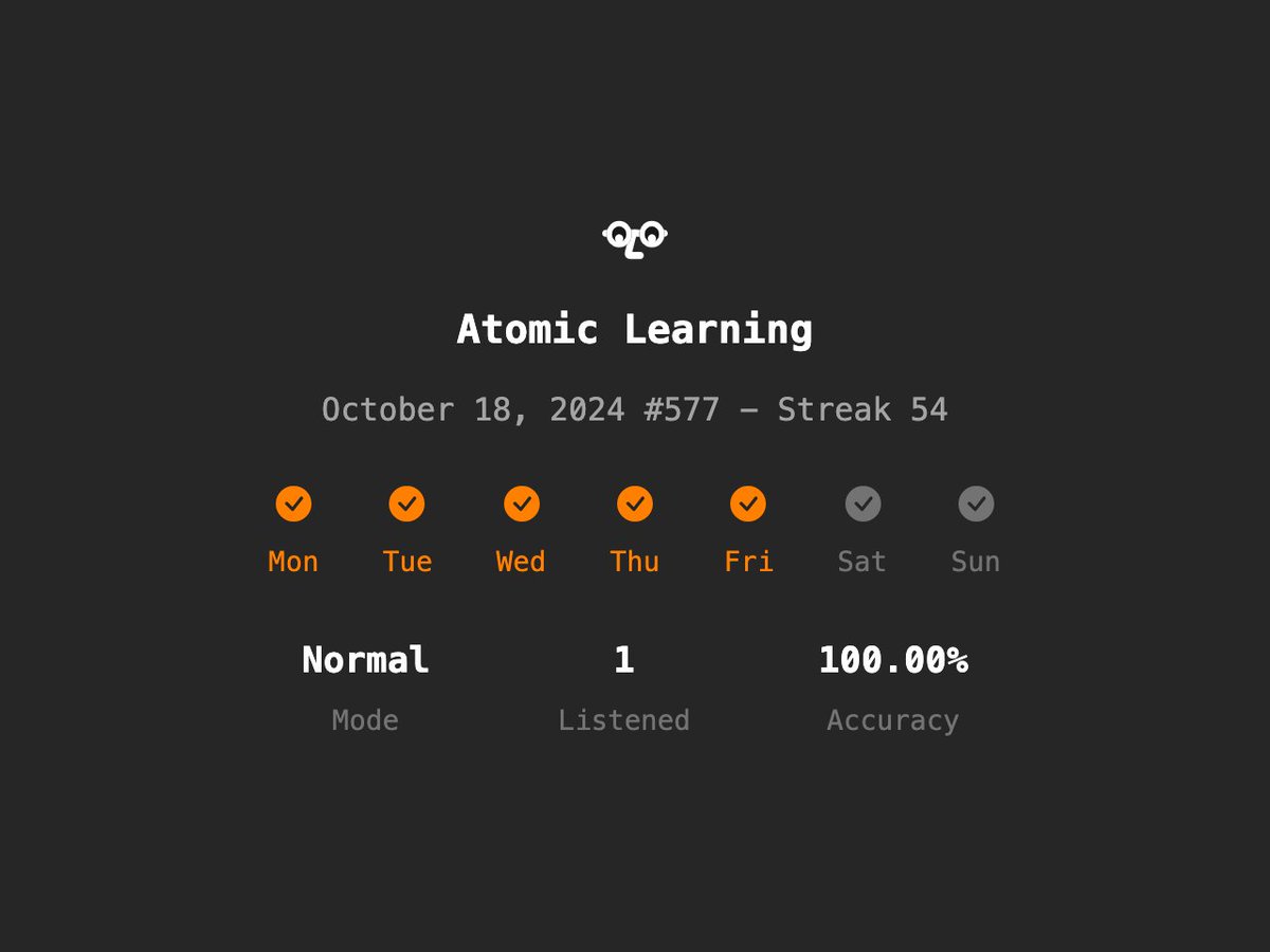 Atomic Learning #577 - Streak 54
Normal✨/1 Listened/100.00% Accuracy
en.atomiclearning.app
<a href="/atomiclearning_/">Atomic Learning</a> #AtomicLearning #langtwt