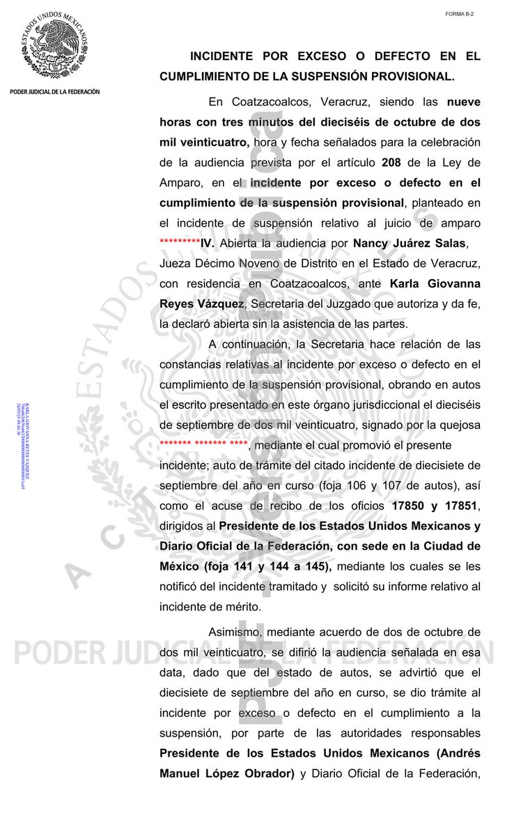 j_olar's tweet photo. Jueza resuelve Incidente por Exceso o Defecto en el Cumplimiento de la Suspensión Provisional por violaciones a la suspensión contra la reforma judicial.

En el cuerpo de la resolución se menciona que las autoridades no cumplieron con la suspensión que previamente había sido decretada; también se dice que ninguna de las autoridades responsables remitió el informe sobre este incidente. 

A partir de lo anterior es que ordenan a la Presidenta de los Estados Unidos Mexicanos Claudia Sheinbaum Pardo y al Director del Diario Oficial de la Federación para que dentro del término de veinticuatro horas, eliminen la reforma del Diario Oficial de la Federación. 

También señala que si no dan cumplimiento, se dará vista al Ministerio Público de la Federación. 

Fuente: Jurista del Futuro (https://t.co/unGqe07EeQ)