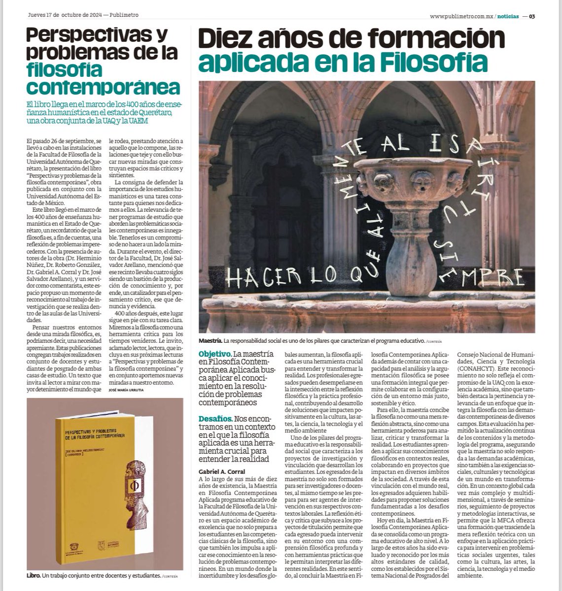 Cesarandresgs's tweet photo. 10 años de formación aplicada en la #filosofía

La maestría en filosofía aplicada de la @UAQmx centra la atención en problemas contemporáneos 

Artículo de @corralvelazquez y José María Urrutia en @PublimetroQro https://t.co/40f5kVYRJA