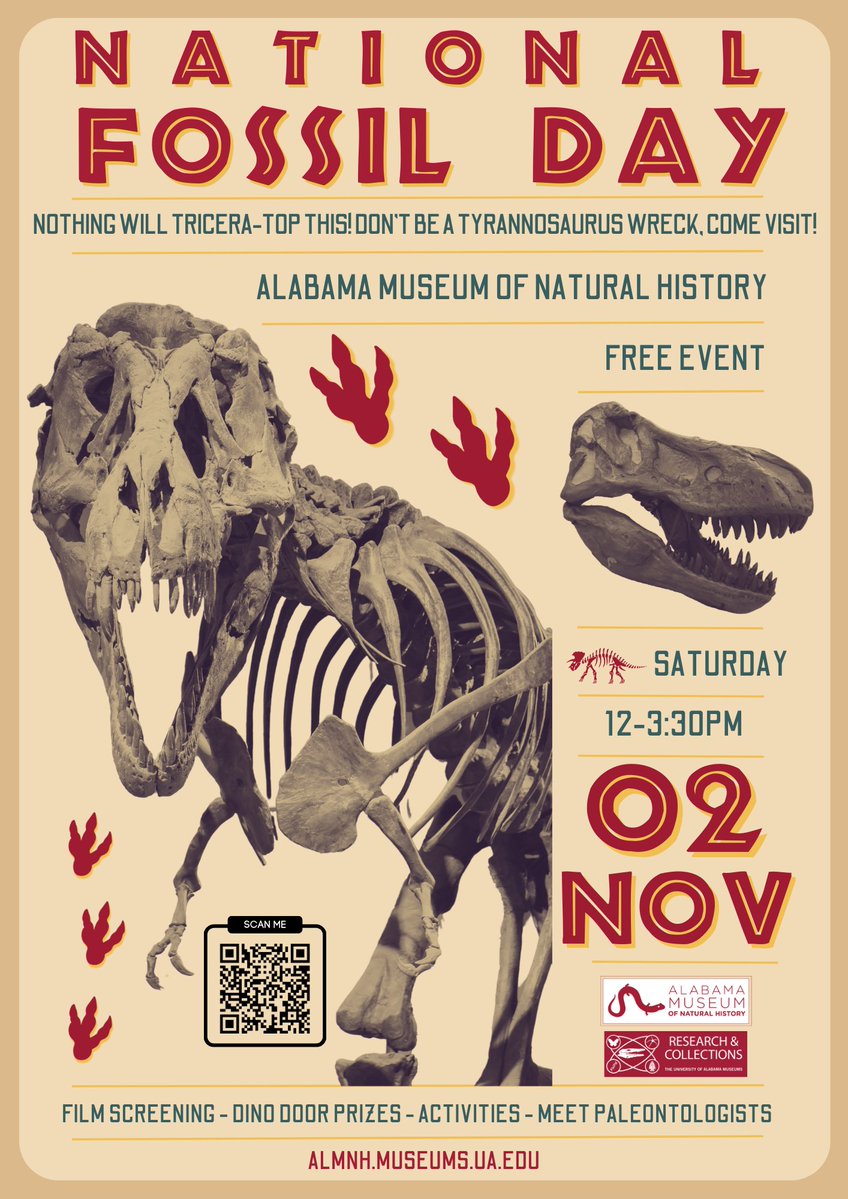 Dr. Adiel Klompmaker @paleoadiel.bsky.social (@paleoadiel) on Twitter photo Alabama's National Fossil Day celebration is on Sat. November 2. 😀 Theme = dinosaurs. Why Dinosaurs documentary, Alabama Avocational Paleontologist Award, and Tabling Event with many fossils incl. dinosaurs. Full schedule: t.ly/z74in <a href="/UAMNH/">Alabama Museum of Natural History</a> <a href="/uamuseums/">UA Museums</a> #FossilFriday Alabama's National Fossil Day celebration is on Sat. November 2. 😀 Theme = dinosaurs. Why Dinosaurs documentary, Alabama Avocational Paleontologist Award, and Tabling Event with many fossils incl. dinosaurs. Full schedule: t.ly/z74in <a href="/UAMNH/">Alabama Museum of Natural History</a> <a href="/uamuseums/">UA Museums</a> #FossilFriday