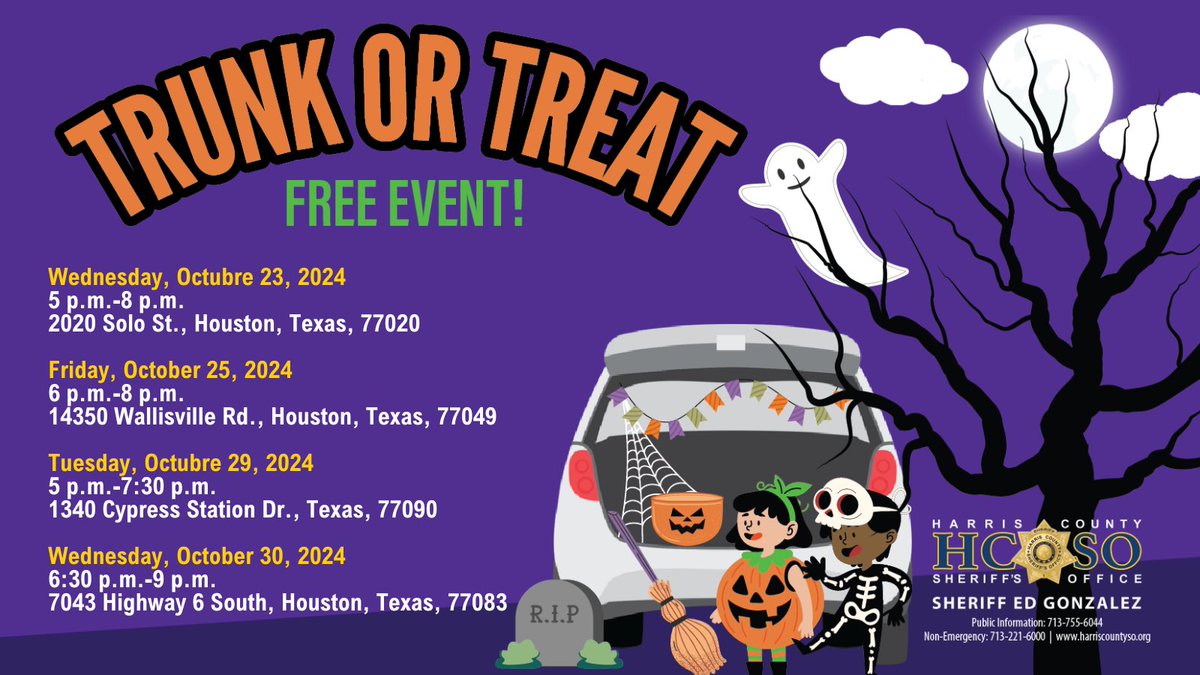 HCSOTexas's tweet photo. 🎃👻 Join the Harris County Sheriff's Office for spooky fun at our Trunk-or-Treat events! 

Bring the kids for a safe, fun-filled evening with plenty of candy and festive activities. Don't forget your costumes! 🎃 We can't wait to see you there! 👻 https://t.co/XaDxma62jy