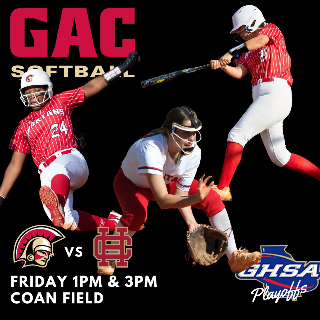 GAC Spartan Softball (@gac_softball) on Twitter photo First round playoff series vs. Christian Heritage begins Friday! First pitch of the double header is at 1:00pm! <a href="/GAC_Athletics/">GAC Athletics</a> First round playoff series vs. Christian Heritage begins Friday! First pitch of the double header is at 1:00pm! <a href="/GAC_Athletics/">GAC Athletics</a>