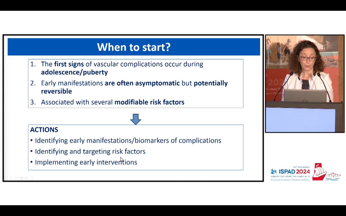 🧵 To treat or not to treat micro/macrovascular complications in youth: benefits and drawback -M. Loredana Marcovecchio

Cumulative risk factors, modifiable or not:
👉 Genetic
👉 Gender
👉 Ethnicity
👉 Puberty/hormonal changes

#ISPAD2024 #dedoc° <a href="/ispad_org/">ISPAD</a> <a href="/dedocORG/">#dedoc°</a> #PwD