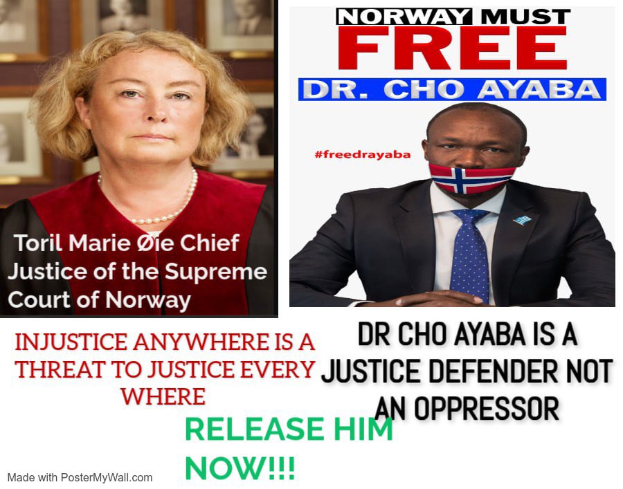 PresSecAgovc's tweet photo. 📢 We demand that the Norwegian Chief Justice take immediate action for the release of Dr. Cho Ayaba, who has been wrongfully arrested in collaboration with Cameroon.

Dr. Ayaba is a dedicated human rights activist, a freedom fighter and a defender of justice, not an oppressor. Cameroun has been playing the victim card in collaboration with the international community to hunt and arrest dissidents. This is to stop. Ambazonia is the victim here not Republic of Cameroun.

The detention of Dr Cho Ayaba, undermines the principles of international law and human rights that Norway stands for. 

Cameroon, on the other hand, is responsible for severe human rights abuses and atrocities in Ambazonia, including mass killings and summary executions.

We urge the Norwegian authorities to recognize Dr. Ayaba’s vital work in advocating for the rights of the marginalized and to hold those truly accountable for these violations. Justice must prevail! 

#FreeDrChoAyaba #HumanRights #JusticeForAmbazonia 

JUSTICE FOR DR CHO AYABA!
RELEASE HIM NOW!!

#FREEDRCHOAYABA
#freedrayaba
 #FreedomForAmbazonia
#SelfDeterminationIsARight
 @anetteberger2 
@vgnett 
@Kripos_NCIS
@NRKno
@MortenEngesbak
@AUC_PAPS  @DepSecDef
@AsstSecStateAF @SenateForeign 
@FRauCameroun   @USEmbYaounde @UKinCameroon @Sebastien_Nadot @SecBlinken @SenateForeign @AfricanUnionUN @AJEnglish   @UN @UnCameroon @CanadaCameroon @CanadaFP @PNUDCameroun @OchaCameroon   @antonioguterres @TiborPNagyJr @CohenOnAfrica @StateDept @DepSecStateMR @amnesty @hrw @ICRC_Africa @ICRCPresident  @DOD_DEPSECDEF @DeputySecState @USAmbUN  @melaniejoly  @joDionNgute @PR_Paul_BIYA @volker_turk @norwaygov_rx @GovernmentBia @NRC_Norway @EspenBarthEide @NorwayMFA  @UNHumanRights @_AfricanUnion @jonasgahrstore @simon_ekpa @UKParliament @supremecourt_no