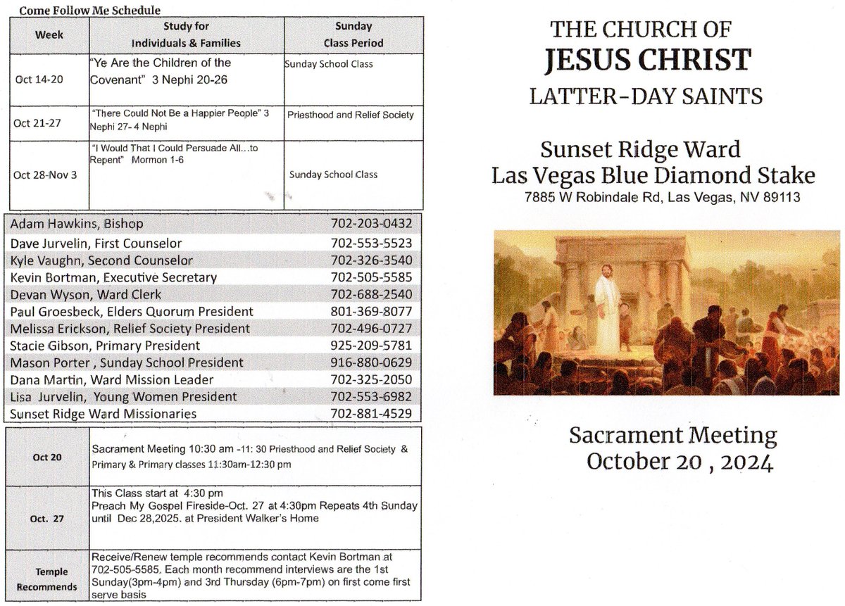 maysp's tweet photo. THE CHURCH OF JESUS CHRIST OF LATTER-DAY SAINTS 7885 W Robindale Rd, Las Vegas, NV 89113
Sunday Oct. 20 - 10:30 am to 11:30 am Come Follow Me Schedule
October 14–20:“Ye Are the Children of the Covenant”
3 Nephi 20–26    Sacrament Meeting: https://t.co/yGrrcefJfg https://t.co/rHWOaEpIVh