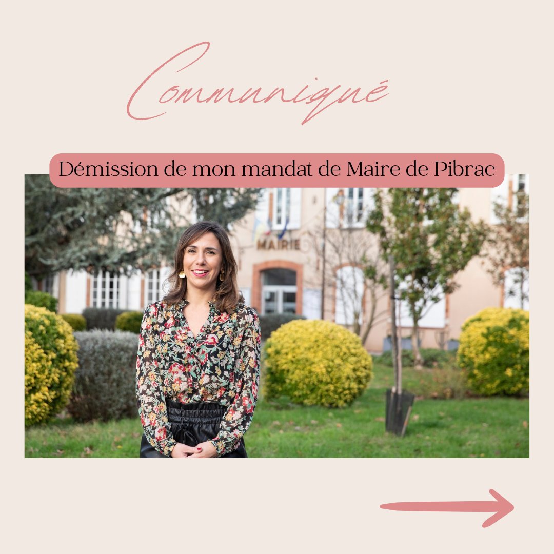 🧶 C'est avec une profonde tristesse que je vous informe de ma démission de mon mandat de Maire de Pibrac et de Conseillère métropolitaine, démission que Monsieur le Préfet de Haute-Garonne vient d’accepter, avec effet immédiat. ⤵️
