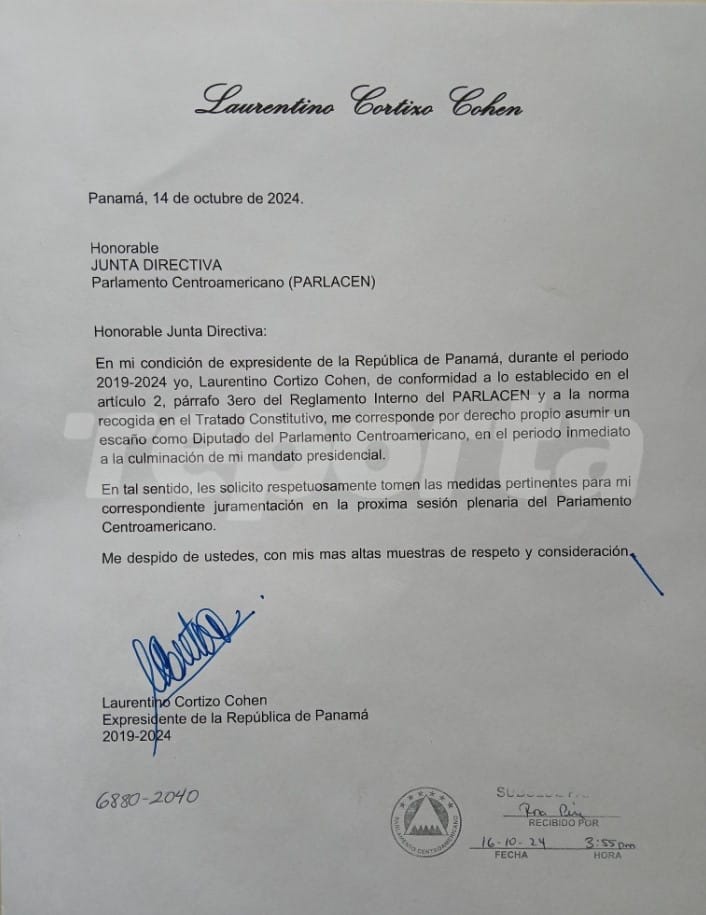 TReporta's tweet photo. El expresidente de Panamá, Laurentino Cortizo, solicitó a la Junta Directiva del Parlamento Centroamericano (Parlacen) que gestione su juramentación como diputado de ese organismo.

“Les solicito respetuosamente tomen las medidas pertinentes para mi correspondiente juramentación en la próxima sesión plenaria del Parlamento Centroamericano”, indica Cortizo en una nota enviada el pasado lunes 14 de octubre.

#TReporta
