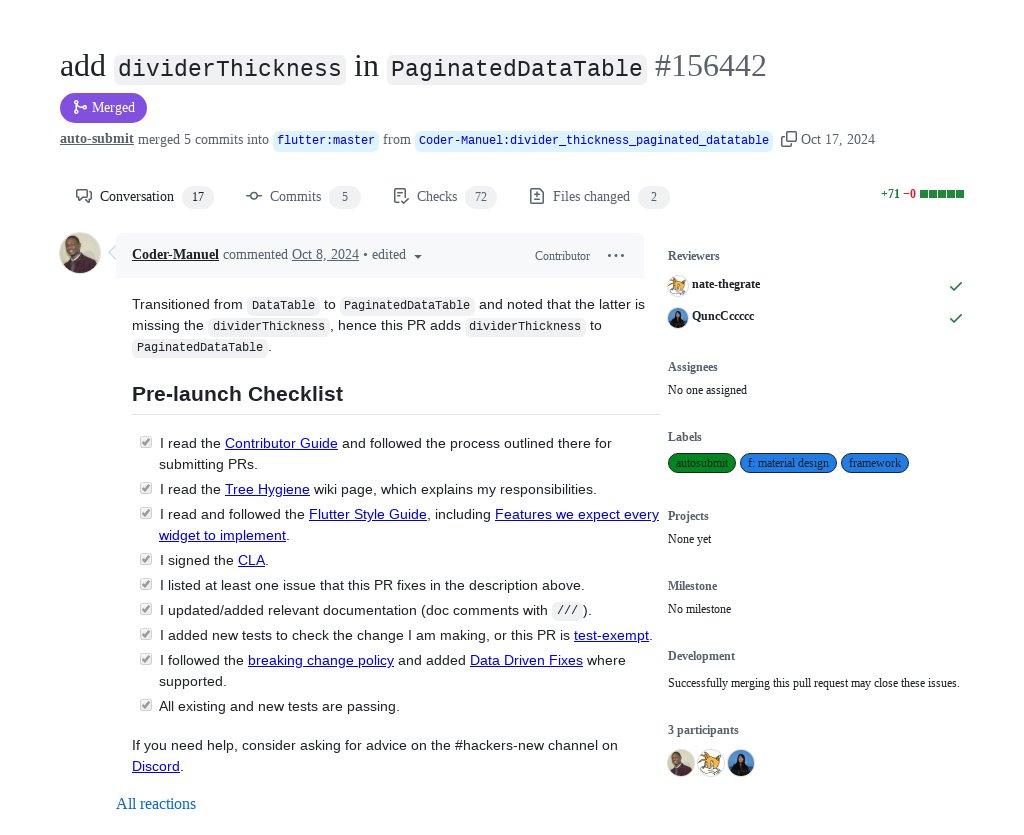 FlutterMerge's tweet photo. "add `dividerThickness` in `PaginatedDataTable`" by @Coder_Manuel was merged into #Flutter master https://t.co/nY22Cwh9Cj https://t.co/SMoaDiyLgg