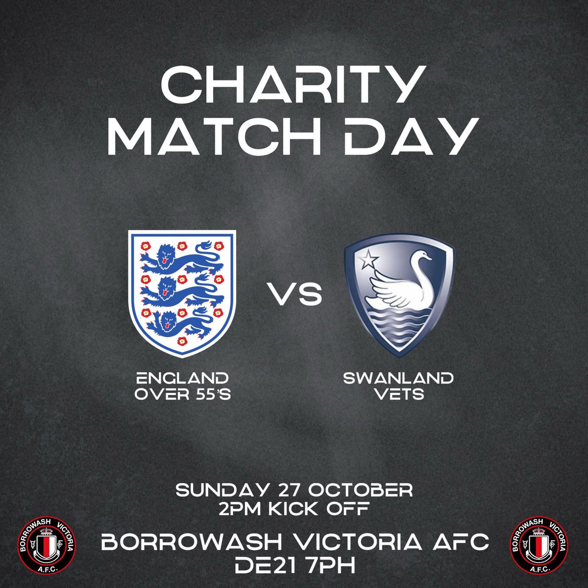 The 55 head to <a href="/AFCBorrowashVic/">AFC Borrowash Victoria</a> to play Swanland vets 50 from the <a href="/HullVetsLeague/">Hull and District Veterans League</a> Pay what you like entrance fee all money raised helping unprivileged children to buy sports equipment