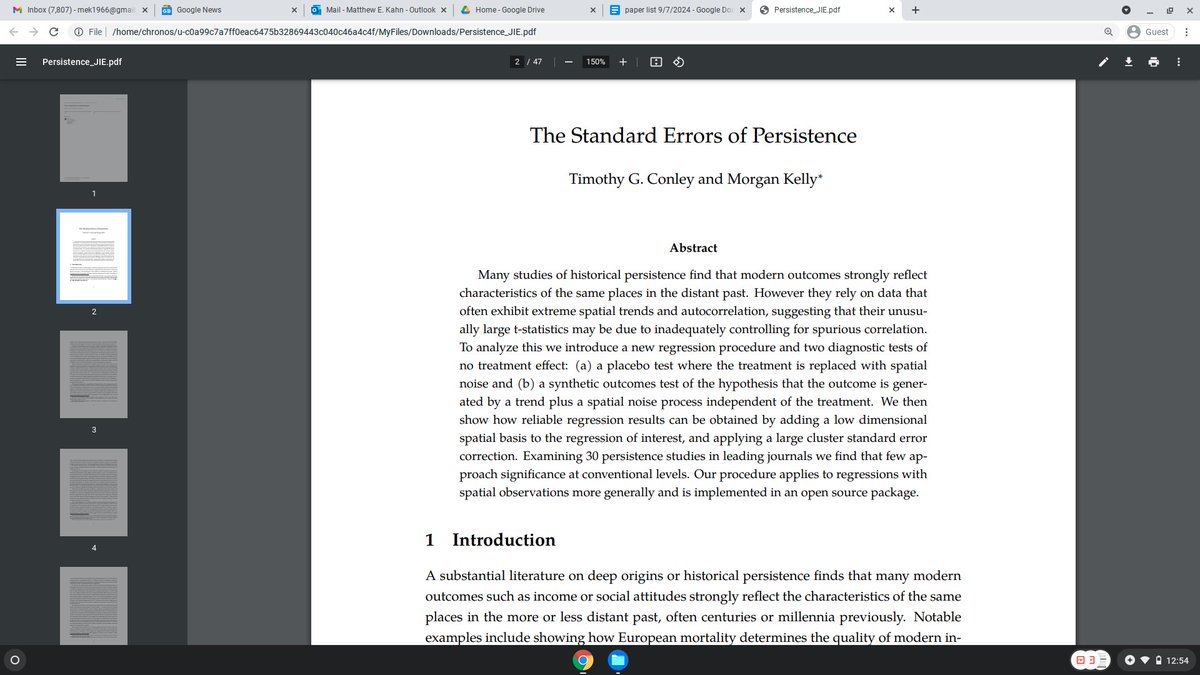 Will the spatial persistence literature persist?   My old friend Tim Conley has co-authored an important paper with Morgan Kelly that should interest the 2024 Nobel Laureates.