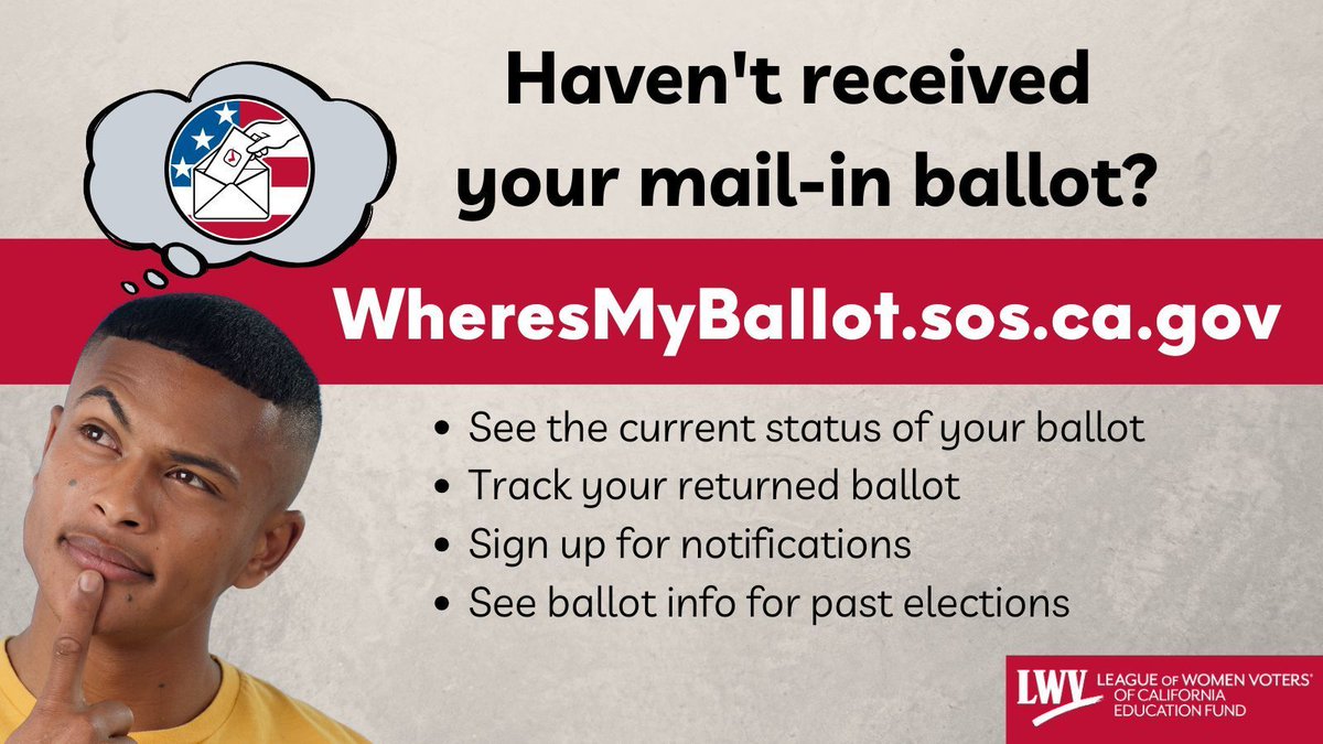 Still waiting for your mail-in ballot? Already voted and want to check the status of your returned ballot? Track your ballot at WheresMyBallot.sos.ca.gov. #CABallotTrax #WheresMyBallot #Vote2024
