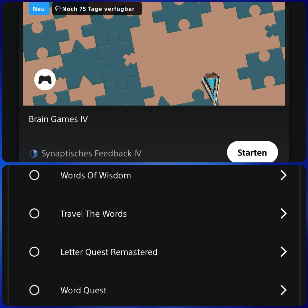 1 neue #PSStars Kampagne ist heute gestartet:

Brain Games IV
-Belohnung: Synaptisches Feedback IV (selten)
-Dauer: 75 Tage
-Bedienung: Spielt eins der vier Games, um das Sammelobjekt zu erhalten.