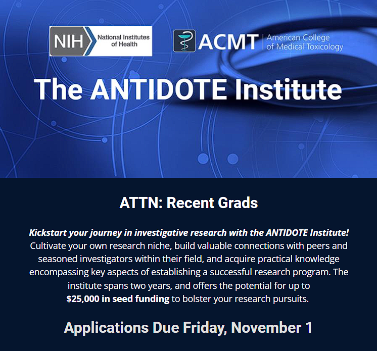 American College of Medical Toxicology (@acmtmedtox) on Twitter photo 🚨ATTN Recent Grads🚨 Don't miss this unique opportunity to join the 2025 -2027 ANTIDOTE Institute cohort! Kickstart your research journey - potential for up to $25K in seed funding! Apply by 11/1>>bit.ly/Antidote24<<<a href="/PeterRchai/">Peter Chai</a> <a href="/Dr_Carreiro/">Stephanie Carreiro</a> @kavitababu <a href="/NIDAnews/">NIDAnews</a> <a href="/TonyPizon/">Anthony Pizon</a> 🚨ATTN Recent Grads🚨 Don't miss this unique opportunity to join the 2025 -2027 ANTIDOTE Institute cohort! Kickstart your research journey - potential for up to $25K in seed funding! Apply by 11/1>>bit.ly/Antidote24<<<a href="/PeterRchai/">Peter Chai</a> <a href="/Dr_Carreiro/">Stephanie Carreiro</a> @kavitababu <a href="/NIDAnews/">NIDAnews</a> <a href="/TonyPizon/">Anthony Pizon</a>