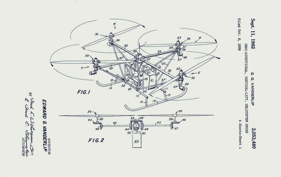 The quadcopter drones we see today, often flying over parks or causing issues near airports, can actually be traced back to a patent from 1962 by Edward G. Vanderlip.

His patent describes a “vertical-lift helicopter drone” with four rotors, positioned in pairs. 

This