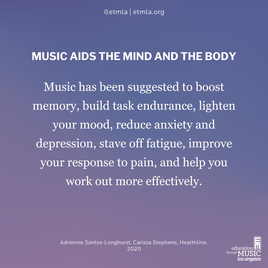 A whole body booster - Music has been shown to not only reduce stress and improve mood, but also to increase mental and physical productivity. #Research #MusicMakesMyLifeBetter #ETMLA #KeepTheMusicPlaying #GiveTheGiftOfMusic #MusicEducation #NonProfit #LosAngeles