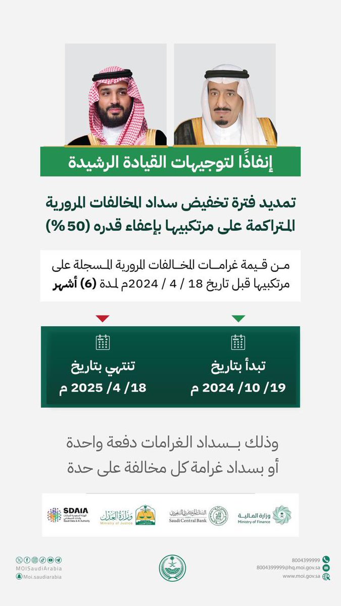 توجيهات القيادة الرشيدة .. 
#خادم_الحرمين_الشريفين 
و #سمو_ولي_العهد
أيَّدهم الله..
بتمديد فترة تخفيض سداد غرامات المخالفات المرورية المتراكمة.. 
نموذج من النماذج العديدة ومظاهر الحَدَب على الرعية والعناية بشعبهم النبيل.

#تخفيض_المخالفات_المرورية