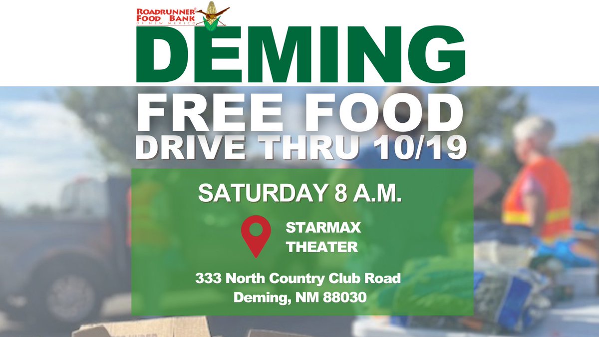 Roadrunner is headed to Deming this weekend for a free drive-thru food distribution on Saturday, October 19! 

Come on by the Starmax Theater at: 
333 North Country Club Road 
Deming, NM 88030

Our staff and volunteers will kick off the distribution at 8 a.m. See you soon!