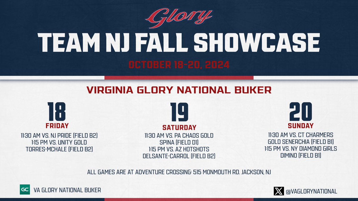 Excited to get after it this weekend with my <a href="/VAGloryNational/">VA Glory National Buker 18U</a> girls!! ❤️🤍💙 <a href="/jmrw20/">Justin Walker</a> <a href="/Coach_McCool/">Gina McCool</a> <a href="/cam_hutcherson/">campbell hutcherson</a> <a href="/CoachKrysiak/">Beth Krysiak</a> <a href="/CoachJenSteele/">Jen Steele</a> <a href="/AndradeN23/">Nichole Andrade</a> <a href="/Matt_Klampert/">Matt Klampert</a> <a href="/CoachBellisari/">Amy Bellisari</a> <a href="/CoachKuhlmeyer/">Chris Kuhlmeyer 🥎🏃‍♂️</a> <a href="/ShipSoftball/">SHIP Softball</a> <a href="/CoachLaurenKarn/">Lauren Karn</a> <a href="/AshleyWadeUNCW/">Ashley Wade</a> <a href="/TUSBCoachCoz/">Lisa Costello</a> <a href="/coachlokey/">Diane Lokey</a>
