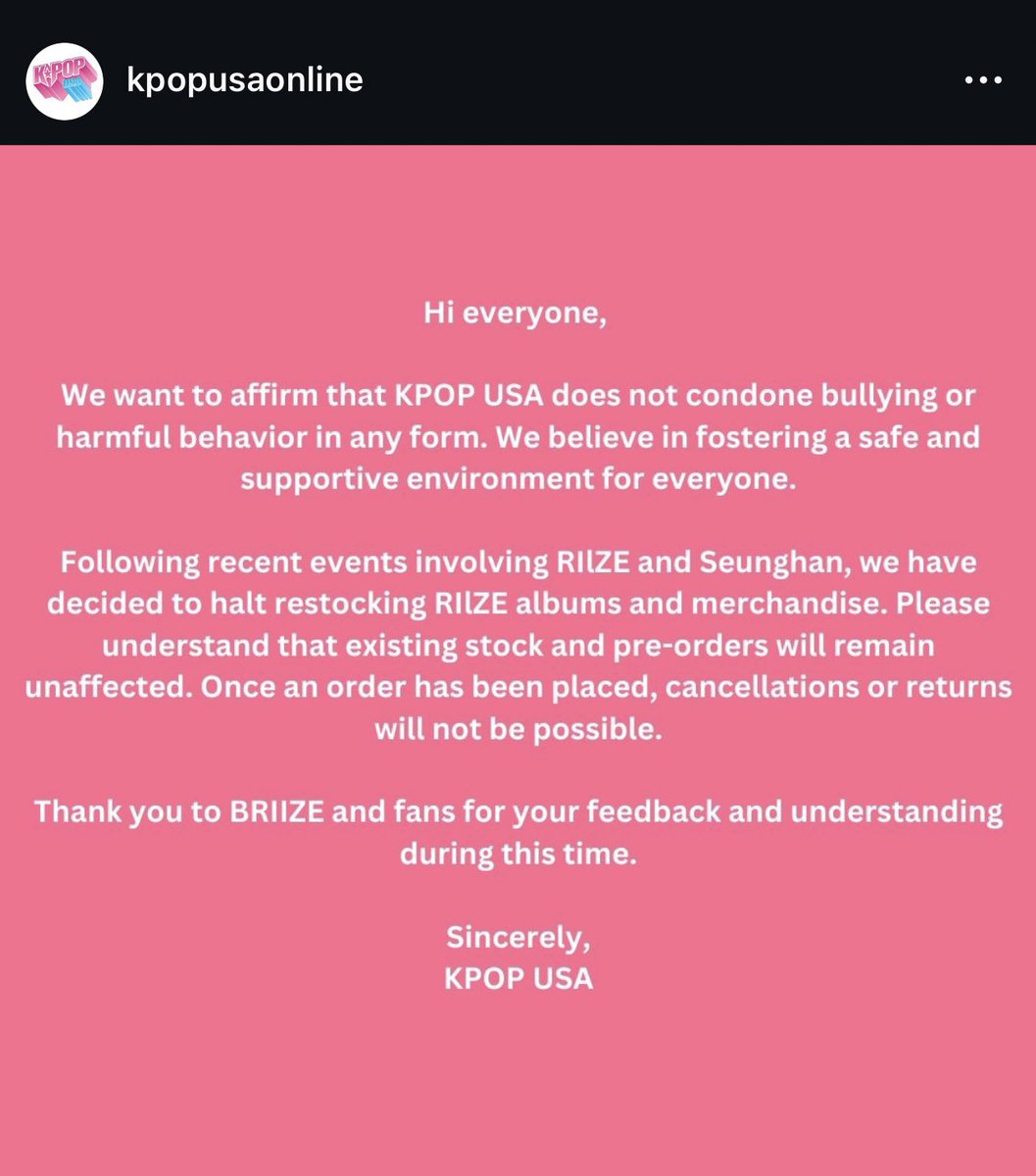 one of the biggest kpop shop in the states have halted their restocking of riize albums and merchandise. keep on boycotting. 

RIIZE IS SEVEN. 

#NoSevenNoRiize
#SeunghanDeservesBetter
#SM_SPEAK_UP