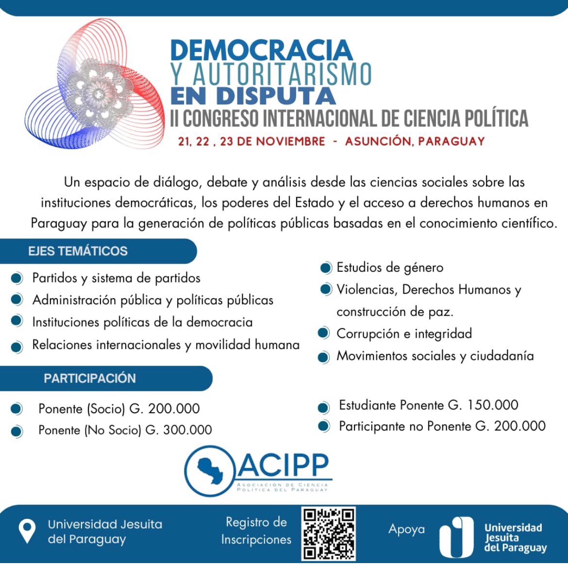 SarahCernaV's tweet photo. Desde la Asociac. de Ciencia Política del Py en colaboración con la Universidad Jesuita invitamos a estudiantes, investigadores e investigadoras a presentar propuestas de ponencias. Tendremos al Dr. Chasquetti de la @Udelaruy en Asunción y a la Dra. Aguiar de la @ITESO (virtual) https://t.co/IU9Hg8ZWm8