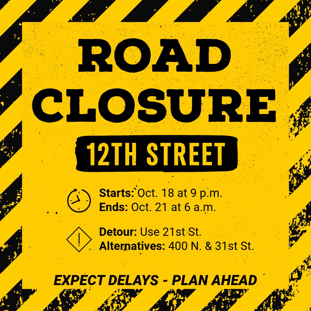 OgdenCityUtah's tweet photo. 🚧 UDOT Road Closure: 12th Street 🚧
The Union Pacific crossing will be closed for maintenance from Oct. 18 at 9 p.m. to Oct. 21 at 5 a.m.
Lane reductions begin Oct. 17 with final setup by Oct. 19. Detour via 21st St or use 31st St and 400 N. https://t.co/i0KROzBm9n