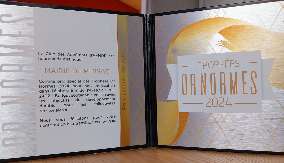 StGrondin33's tweet photo. Le budget vert de la Ville de Pessac mis à l'honneur lors des Trophées Or Normes de l'AFNOR 2024 avec le Prix spécial du Jury🏆
Une méthodologie pragmatique et systémique qui s'appuie sur les 17 objectifs du développement durable (ODD), créée par et pour les collectivités.
@AFNOR https://t.co/1iOkajtt6X